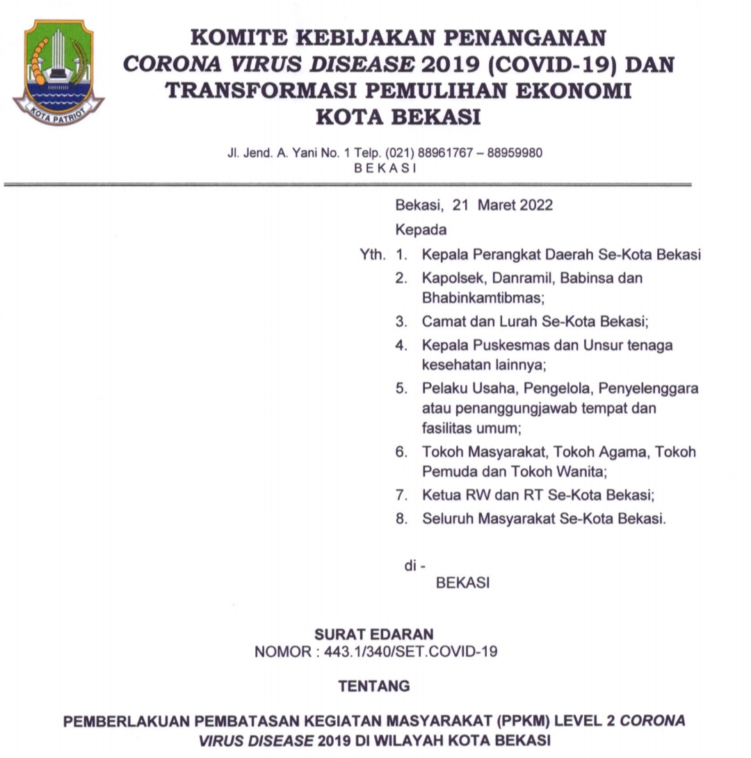 Pemkot Bekasi Keluarkan Edaran PPKM Level 2, Mulai 22 Maret Hingga 4 April 2022